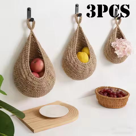 3pcs Wall Hanging Vegetable and Fruit Basket Woven Fruit Basket For Kitchen Table Wall Hanging Stora