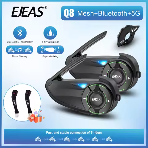 2Pcs EJEAS Q8 Mesh 3.0 Intercom Music sharing Motorcycle Helmet Interphone BT5.1 6 Riders 1200M Comm