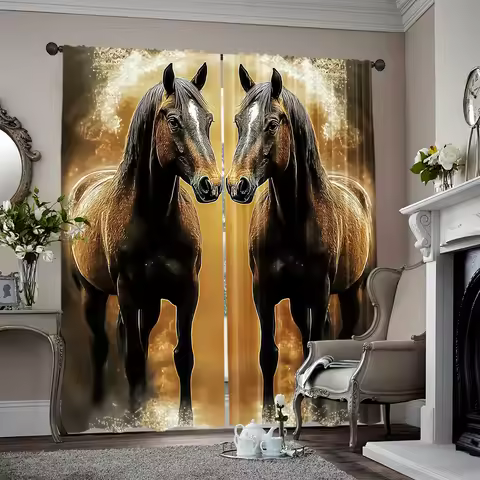 2pcs, 2D flat printing Curtain Dual Horses Artistic Golden Image Versatile Durable Polyester,Without