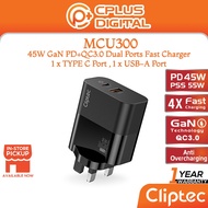 Cliptec MCU280 /MCU290/ MCU300  20W/30W/45W GaN PD+QC3.0 Dual Ports Fast Charger with USB-C+A port t