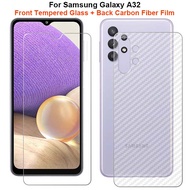 For Samsung Galaxy A32 5G / 4G 1 Set = Back Carbon Fiber Film Sticker + Clear Front Clear Tempered Glass Screen Protector Guard