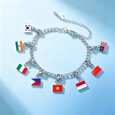 Country Flag Lobster Clasp Charms Pendant Bracelet Stainless Steel Thailand Singapore Malaysia Flags