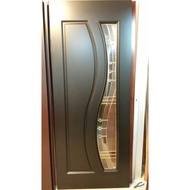 Pintu Kayu Cermin Depan Rumah Full Solid Wooden Door Tempered Glass Built-in Brass Grill
