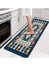 1入組摩洛哥海軍藍色廚房地毯，地中海波西米亞風格防污耐用防滑地毯，適用於廚房、洗衣間、入口地墊、臥室客廳咖啡廳裝飾地毯