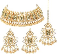 Gold Plated Kundan Dangling Pearls Necklace Earring MaangTikka Jewellery Set for Women