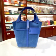 98%NEW二手PICOTIN 18 CARGO POCKETS 水妖藍/皇家藍帆布拼皮銀扣U刻 BLUE EGEE/BLUE ROYAL #P18 #愛碼士水桶 #香榭站正品
