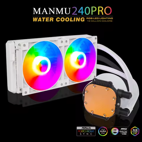 MANMU White Liquid CPU Cooler 240 Addressable RGB & PWM Pump & Fans TDP AIO Water Cooler W/Controlle