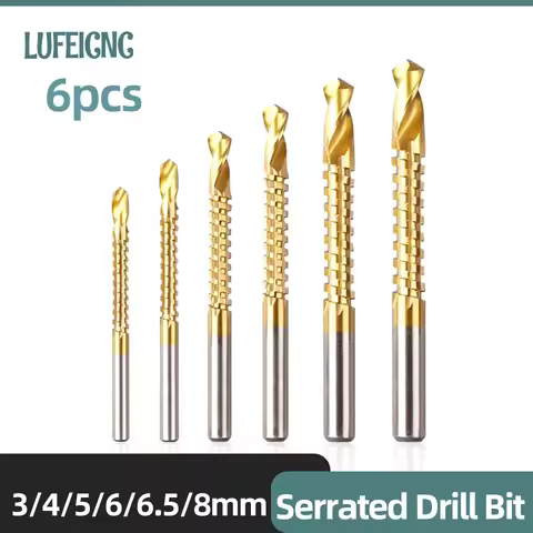 6pcs Serrated Drill Bit Set HSS Titanium Metal Twist Drills Cutting Drilling Slotting Tools Woodwork