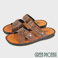【GREEN PHOENIX】男 涼鞋 拖鞋 兩穿式 全真皮 交叉 壓紋 平底 台灣製 US6 咖啡