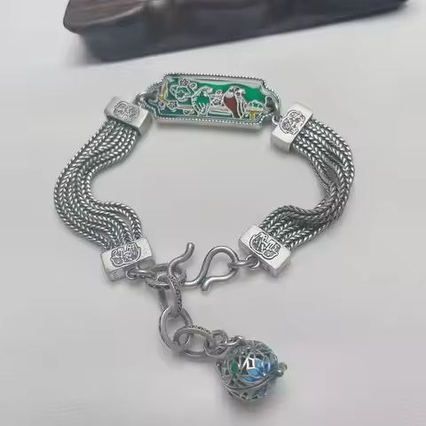 Classical Vintage Exquisite Palace Style Green Enamel Magpie Bracelet for Women Coarse Chain Bangles