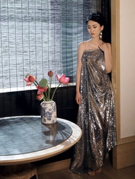 法式復古 銀色亮片晚禮服連身裙