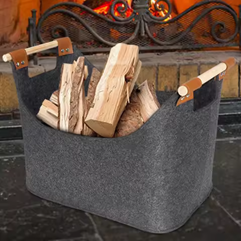 45 X 32 X 40 Cm 57 L Firewood Box Felt Basket with Wooden Handles Large Capacity Foldable Wood Baske