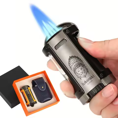 LUBINSKI Torch Lighter Windproof Jet Gas Cigar Lighter Top Cigar Holder Smoking Gift Set With Lighte