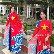 Red flag ao dai with yellow star and ocean waves {all sizes S-4x} - Linh Dan Ao Dai