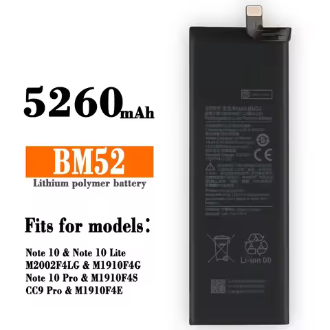 BM52 5260mAh Mobile Phone Battery For Xiaomi Mi Note 10 Lite Note 10 Pro CC9pro CC9 Pro Replacement 