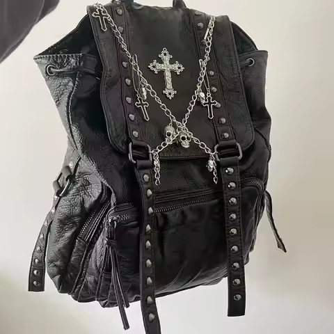 Gothic Y2k Backpack Black Grunge School Bags Pu Leather Cross Skeleton Punk Backpack Aesthetic Fashi