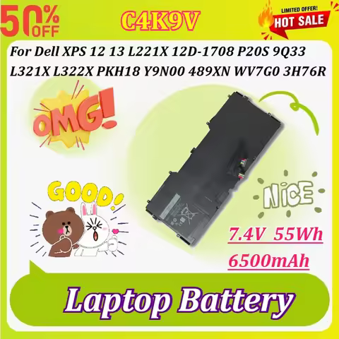 New C4K9V 7.4V 6500mAh 55Wh Laptop Battery for Dell XPS 12 13 L221X 12D-1708 P20S 9Q33 L321X L322X P