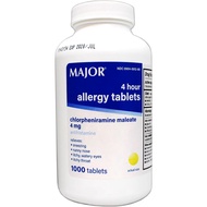 Major Allergy Tablets, Chlorpheniramine Maleate 4 mg, Antihistamine 4 Hour, 1000 Tablets