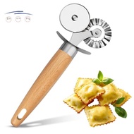 Pasta Cutter Wheel - Fluted Pastry Cutter Double Wheel Ravioli Cutter Tool with Wooden Handle for Pa