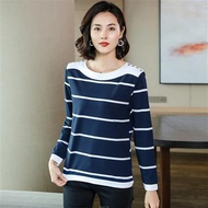 S-3XL Long-Sleeved Versatile T-Shirt~Long-Sleeved Pure Cotton Thick Stripes Stitching Shoulder Butto