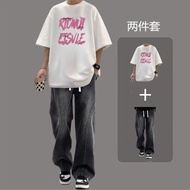 Summer Short-Sleeved Top T-Shirt Half-Sleeved Pure Cotton T686+K37 Jeans Suit S-3XL