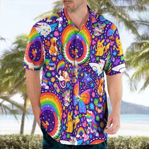 Rainbow Style Pokemon Hawaiian Shirt Pokemon Fans Gift Summer Sports Dry Quickly Men's T-Shirt Child