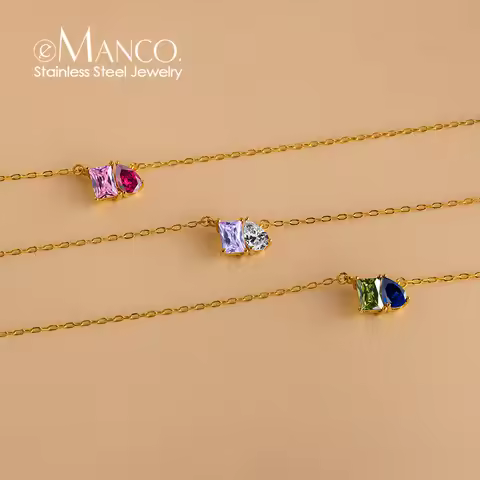 eManco Minimalist 12 Months Double Birthstones Necklace Stainless Steel Gold O-chain Daily Wear Birt