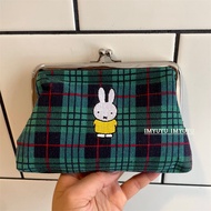 Japanese Cartoon Cute Miffy Embroidered Blue And Green Plaid Clutch Bag Gold Bag Change ID Storage B