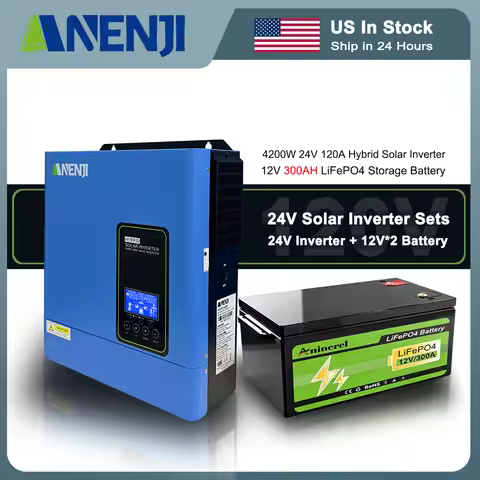 ANENJI Solar Inverter Sets 24V + 12V*2 LiFePO4 Battery In series 110/120VAC 120A MPPT 4200W Home Inv