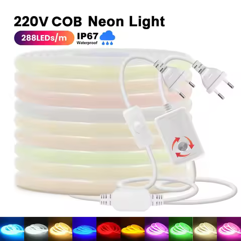 Flexible Neon Strip Led Cob 220V Dimmer Switch EU Power Kit 288LED Warm White Ice Blue Pink Purple Y