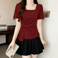Plus Size Women's Summer T-Shirt - 92% Cotton 8% Spandex, Square Neck, Short Sleeve