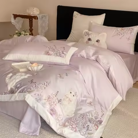 60S Egyptian Cotton Cute Cat Embroidery Purple Floral Butterfly Bedding Set Duvet Cover Bed Sheet/Fi