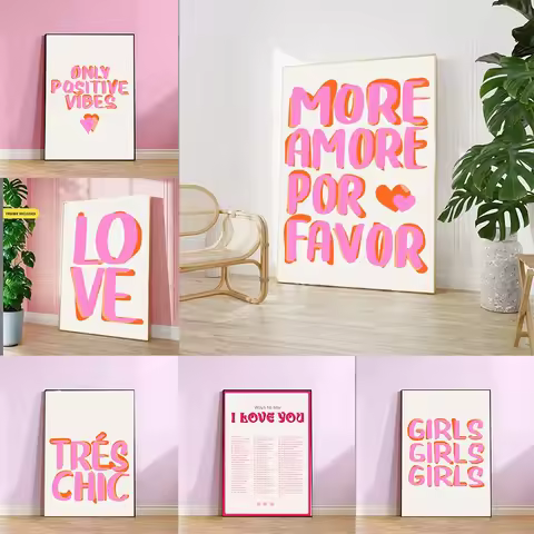 Maximalist More Amor Por Favor Colorful Eclectic Pink Love Girls Quote Wall Art Canvas Painting Post
