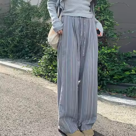 100% Cotton Casual Homewear Striped Trousers Women 2025 New Korean Summer Drawstring Elastic Waist L