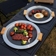 BBQ Plate Anti Stick SUS304 Stainless Steel Barbecue Grill Pan with Scald Detachable Wood Handles fo