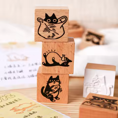 1 PC retro wooden seal cartoon cat pattern cute small seal creative collage DIY diary envelope scrap