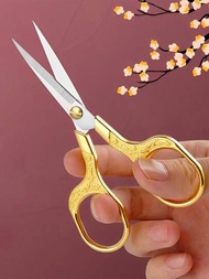 1入組復古花卉圖案金剪刀縫紉用金不銹鋼剪刀