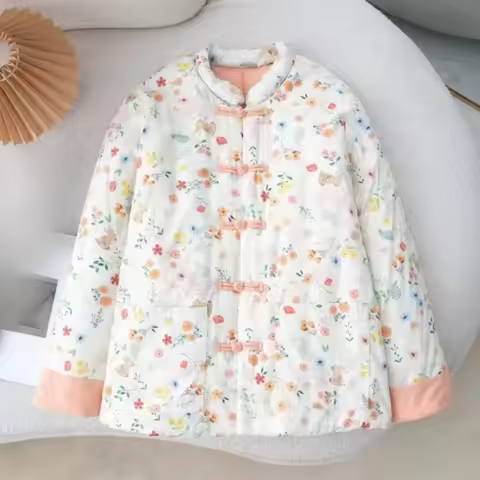Plush Lined Stand Collar Warm Winter Coat for Women | Fashion Floral Print Plus Size Outerwear Tradi