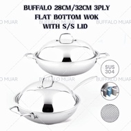 TTHUAN BUFFALO 28CM/32CM 3-PLY SUS304 HONEYCOMB WOK FLAT BOTTOM WOK WITH STAINLESS STEEL LID (NO COA