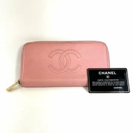 ⁺⊹古董精品⊹⁺┇Chanel 魚子醬皮粉色長夾大雙C金條長釦