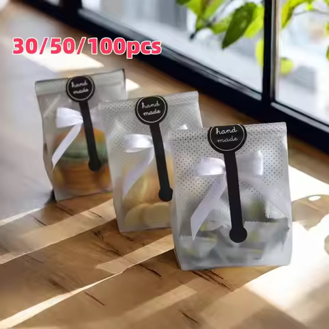 30/50/100pcs Black Polka Dot Frosted Rectangular Biscuit Bag, Gift Packaging Bag, With Black Self-ad