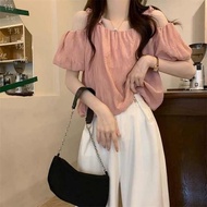 puff sleeve puff sleeve blouse nabora blouse Pink Short Sleeve One-Shoulder Puff Sleeve Chic Summer 
