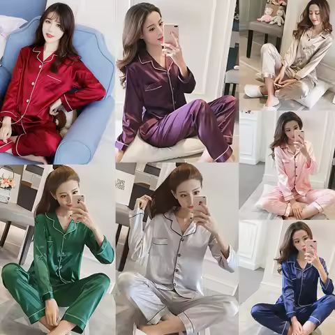 Women's Silk Satin Suit Pajamas Set Women's Sleeping Two-Piece Set Women's Casual Cardigan Silk Paja