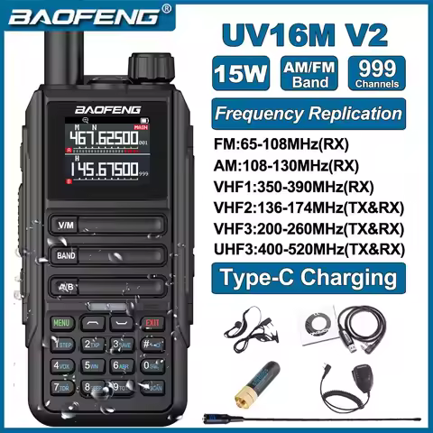Baofeng Update New UV-16M V2 Walkie Talkie Wirless Copy Frequency Six Band AM/FM Type-C charge Water