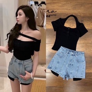 8372-4053 AURORA Set Ribbed T-Shirt Matching Jeans Shorts [2PM]