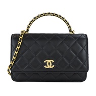 CHANEL 經典雙C菱格紋小羊皮WOC鏈帶手提/斜背包(黑色)/平行輸入