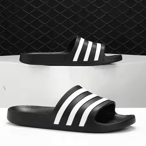 Adidas 2026 Trendy Slides, Classic Striped Black White Beach Shower Casual Sandals F35543