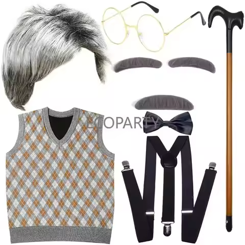 Old Man Costume for Kids 100 Days of School Costume for Boys with Old Man Hat Old Person Glasses Cos