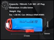 Pin 700mAh 2S 20C 7.4V LiPo Dành cho xe WLtoys K969 / K989 Jack JST