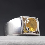 男士純天然黃色藍寶石戒指，925純銀戒指，男士徽章戒指